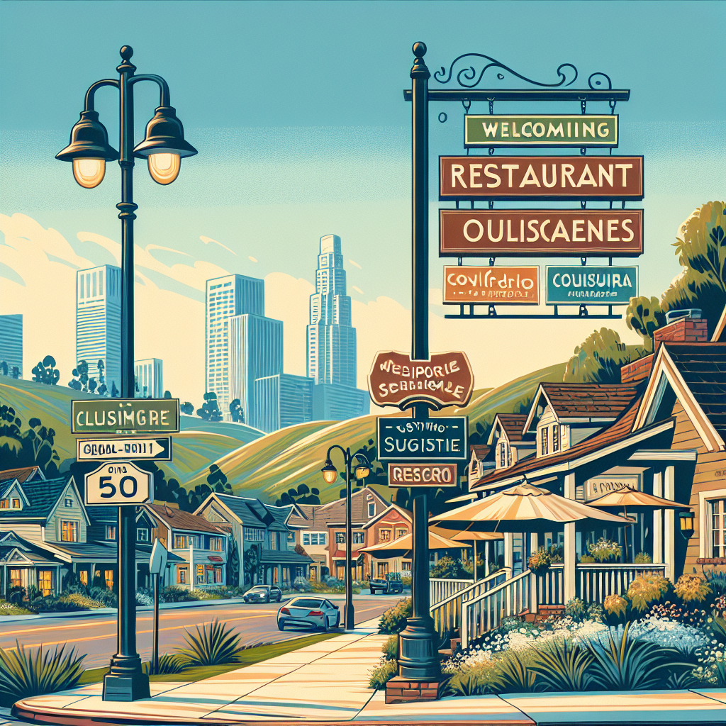 An illustration of Campbell, CA's inviting streets decked with welcoming restaurant signs and a subtle nod to the supportive community and bustling real estate, capturing the essence of the local culinary scene without including people or legible text.